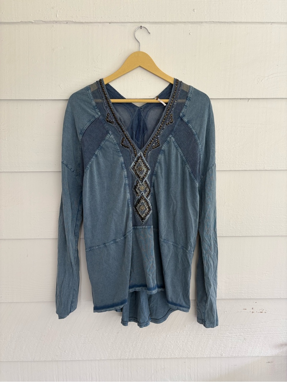 Free People Blue Embellished Beaded Tunic Top Small Boho Mesh Hi Low